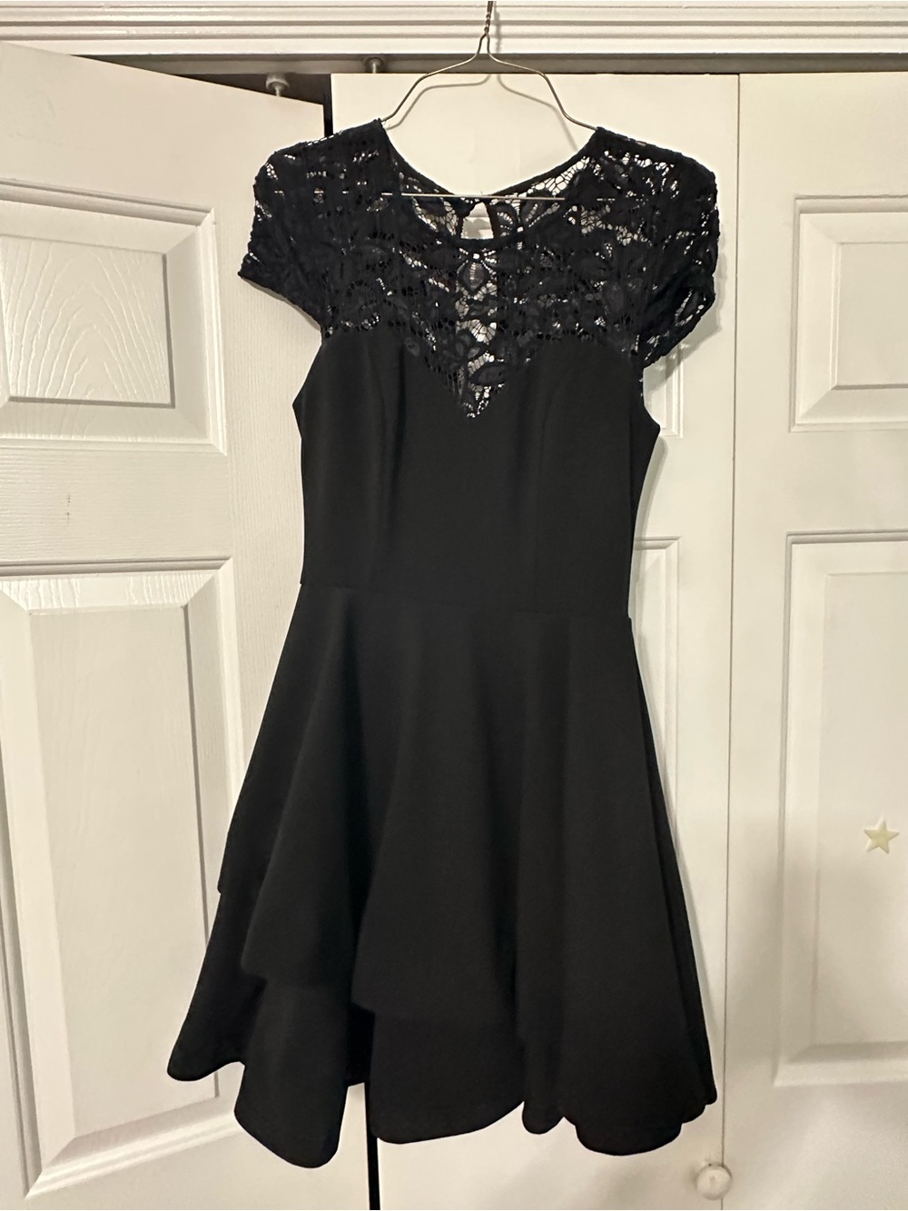 Women's Black Lace Yoke Fit-and-Flare Dress